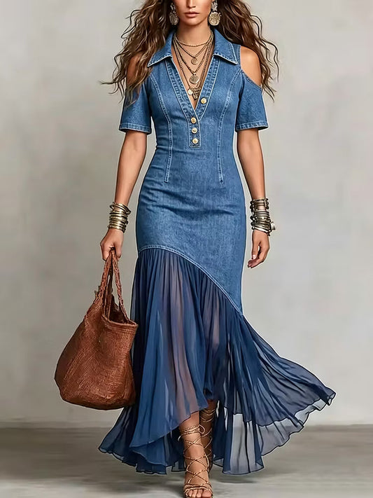 VESTIDO DENIM ASIMÉTRICO CON FALDA VAPOROSA