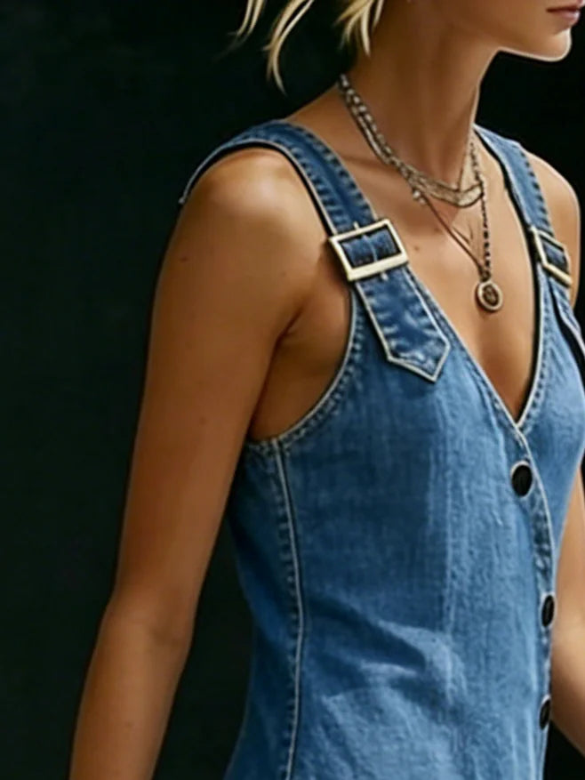 Vestido Vaquero Largo Cruzado con Tirantes Ajustables