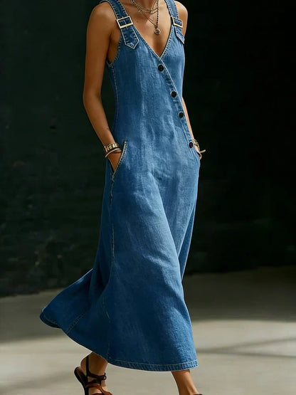 Vestido Vaquero Largo Cruzado con Tirantes Ajustables