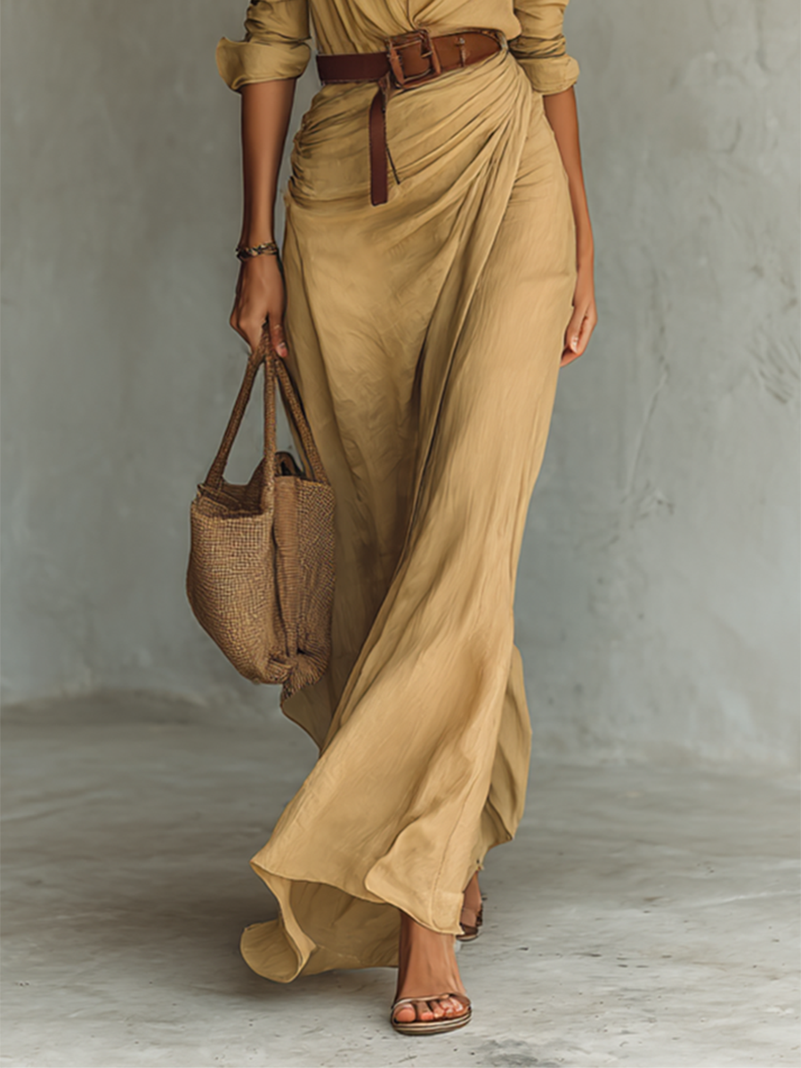 VESTIDO LARGO CUELLO CON SOLAPAS Y MANGAS LARGAS