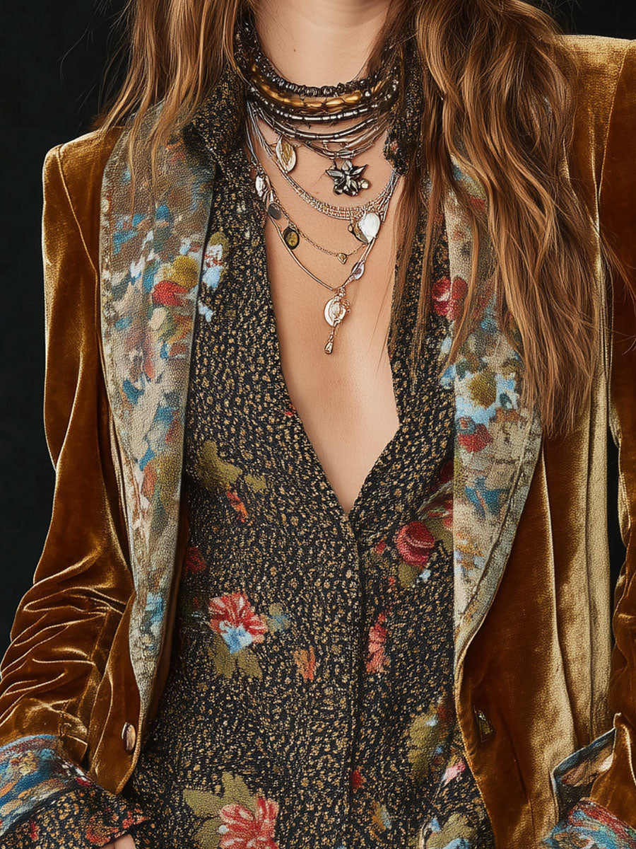 Blazer Miranda de Terciopelo Mostaza con Detalles Florales