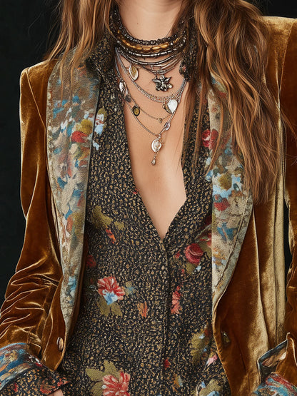 Blazer Miranda de Terciopelo Mostaza con Detalles Florales