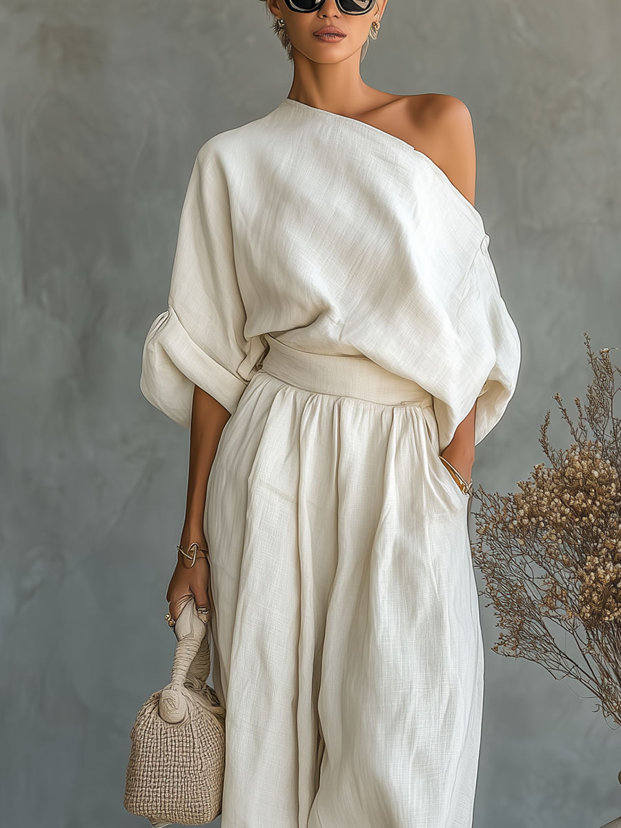 CONJUNTO DE LINO CON TOP DE HOMBROS DESCUBIERTOS Y PANTALÓN PITILLO