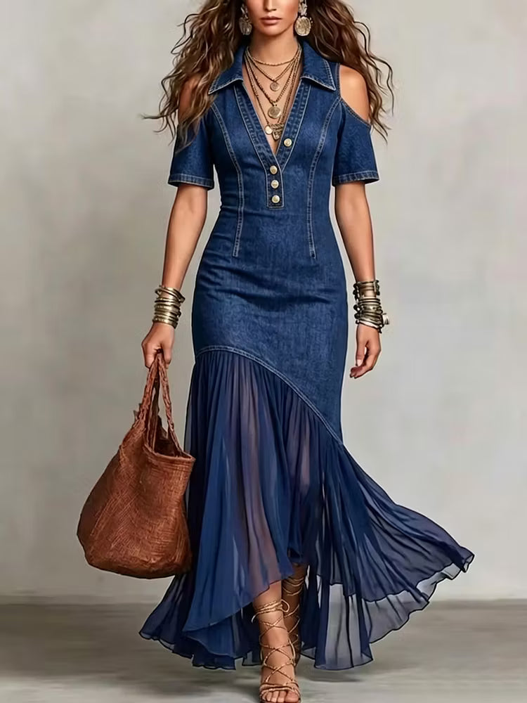 VESTIDO DENIM ASIMÉTRICO CON FALDA VAPOROSA