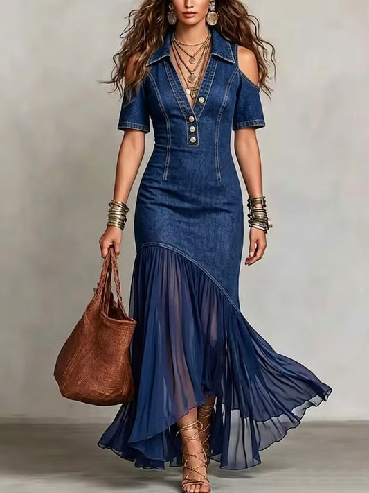 VESTIDO DENIM ASIMÉTRICO CON FALDA VAPOROSA
