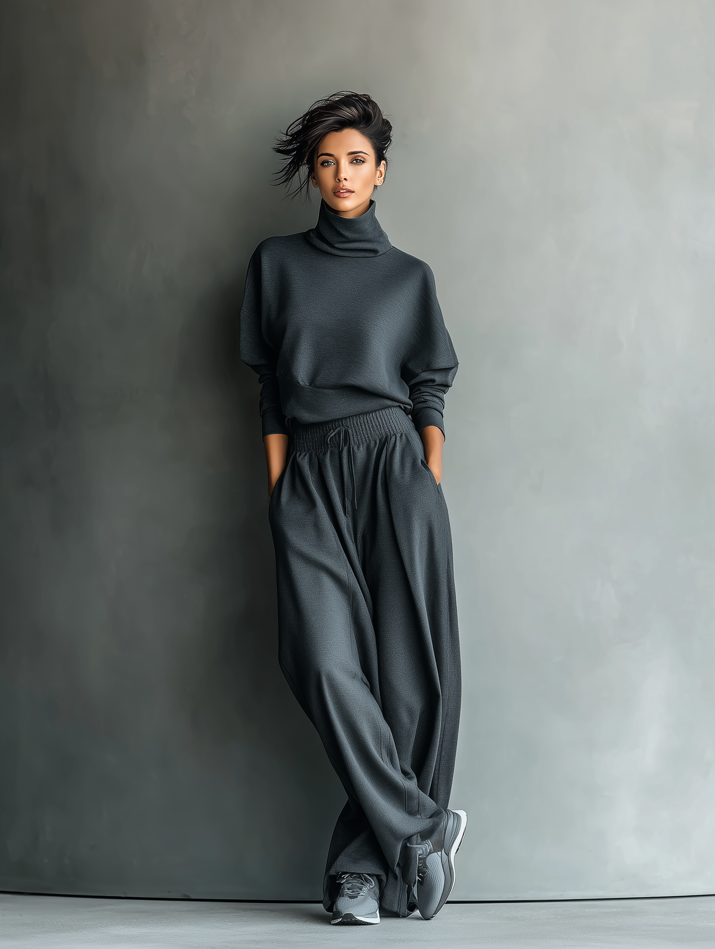 CONJUNTO DE PUNTO CON CUELLO ALTO Y PANTALÓN DE PIERNA ANCHA