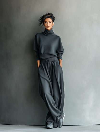 CONJUNTO DE PUNTO CON CUELLO ALTO Y PANTALÓN DE PIERNA ANCHA