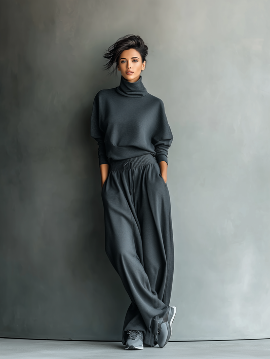 CONJUNTO DE PUNTO CON CUELLO ALTO Y PANTALÓN DE PIERNA ANCHA