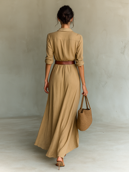 VESTIDO LARGO CUELLO CON SOLAPAS Y MANGAS LARGAS