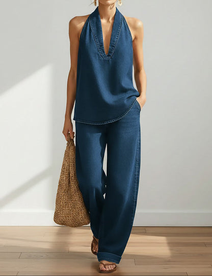 Conjunto Vaquero de Top Halter y Pantalón de Pernera Ancha