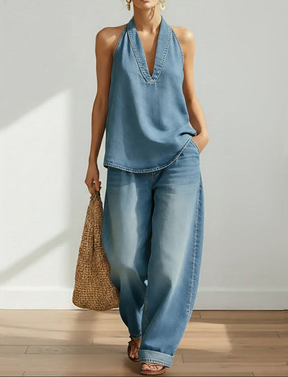 Conjunto Vaquero de Top Halter y Pantalón de Pernera Ancha