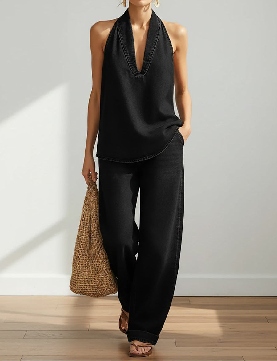 Conjunto Vaquero de Top Halter y Pantalón de Pernera Ancha