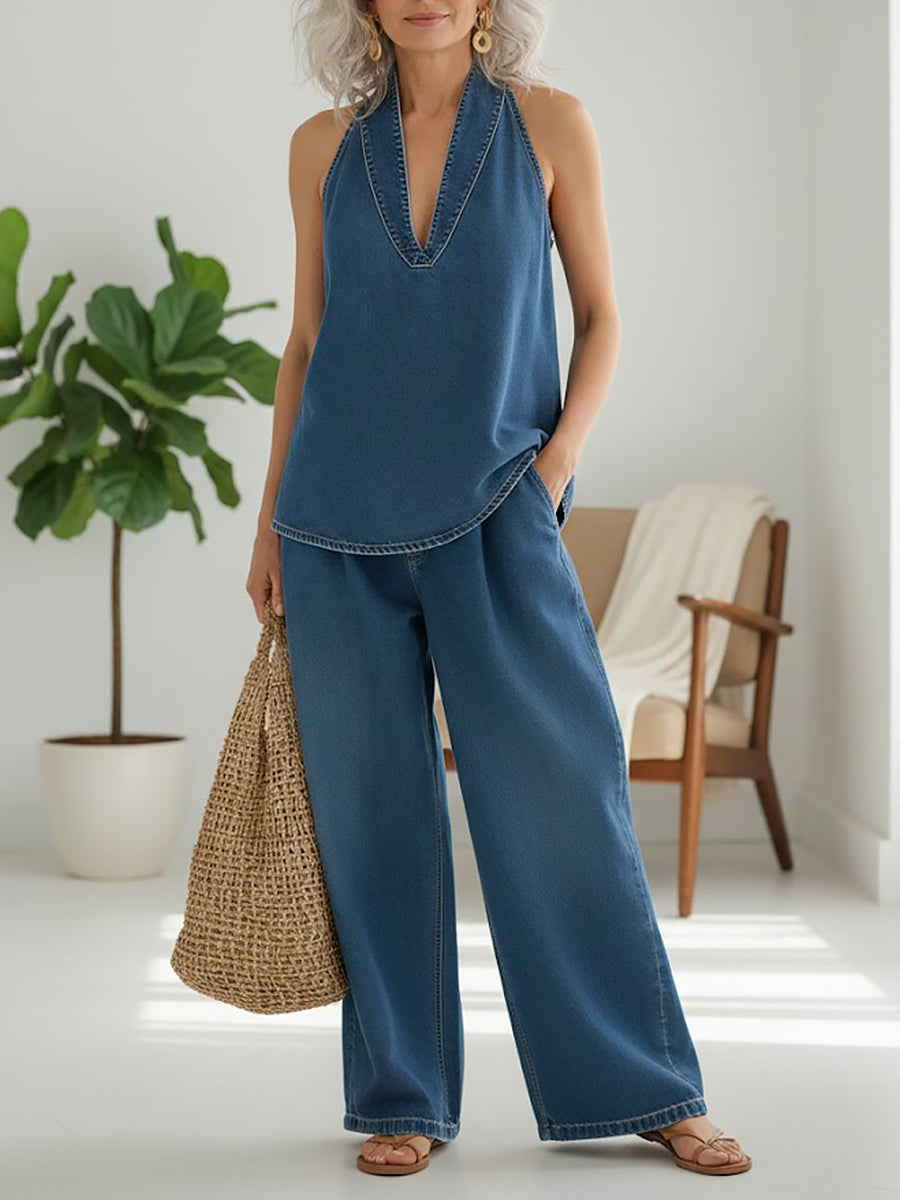 Conjunto Vaquero de Top Halter y Pantalón de Pernera Ancha